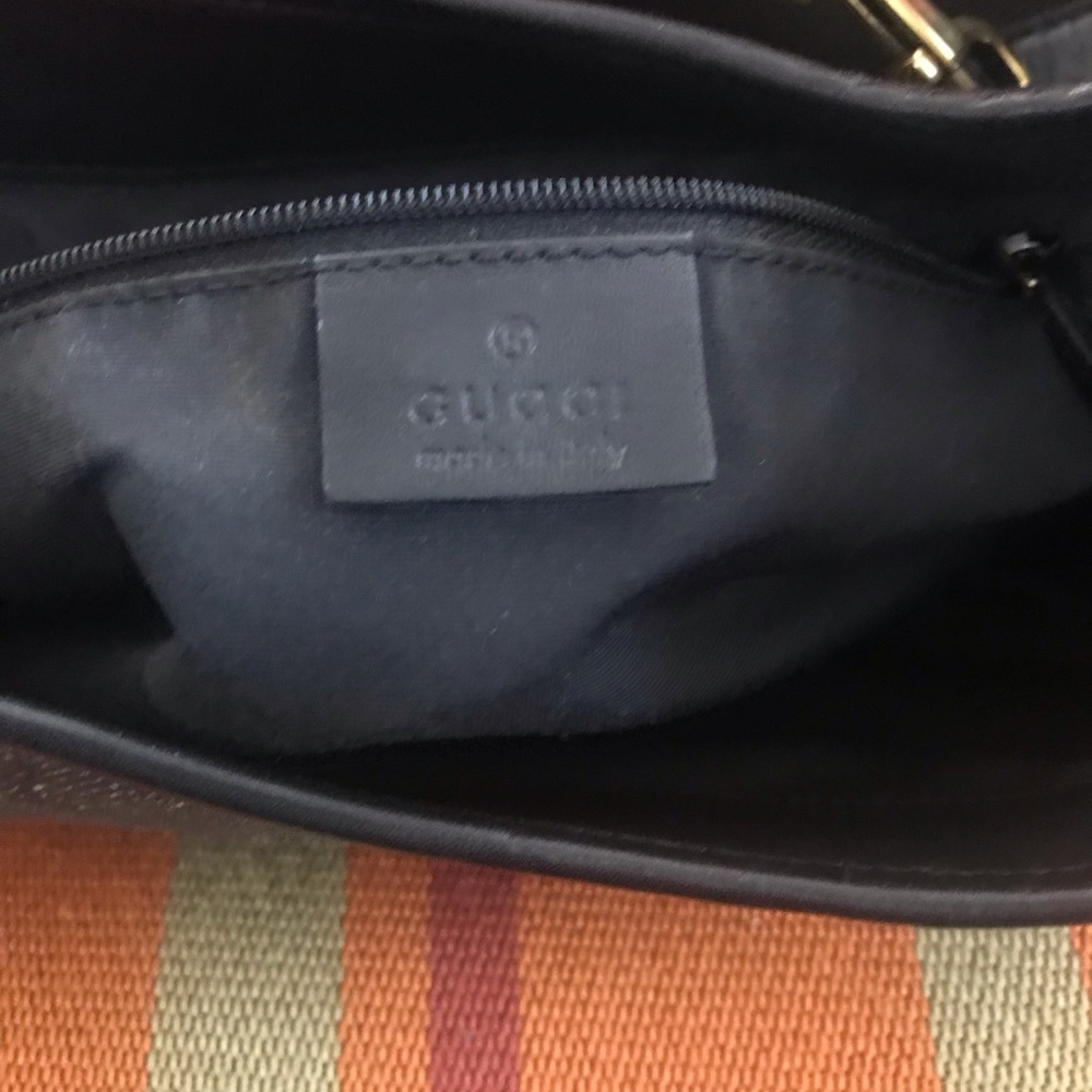 Gucci Jackie GG Denim Canvas Black Leather Trim Shoulder Bag Gold Piston Closure - Picture 7 of 12